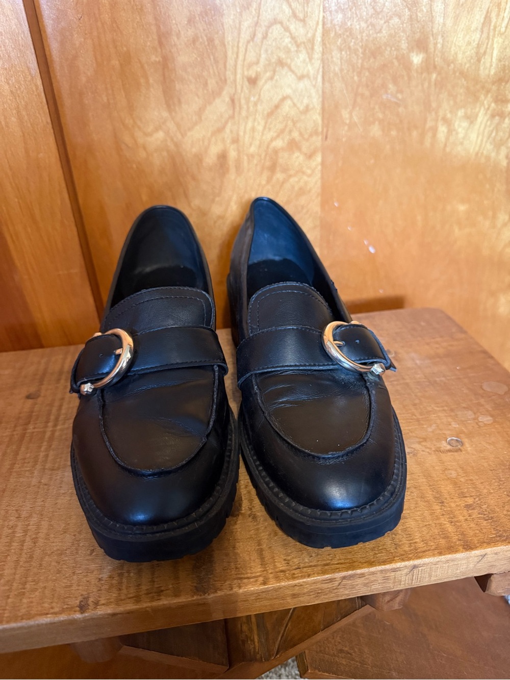 Marc Fisher Black Faux Leather Loafers with Gold Buckle